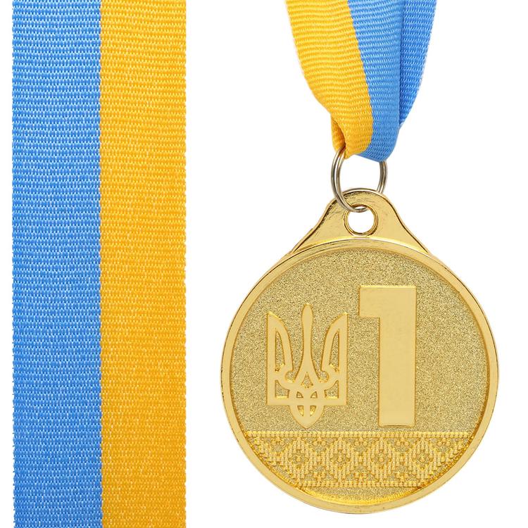 Медаль спортивная с лентой UKRAINE с украинской символикой C-9292 ø5см Золото - #1